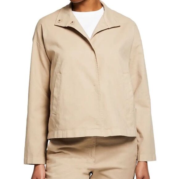 Eileen Fisher Organic Cotton / Hemp Khaki Tan Jacket Button Snap Front Pockets - Picture 2 of 10